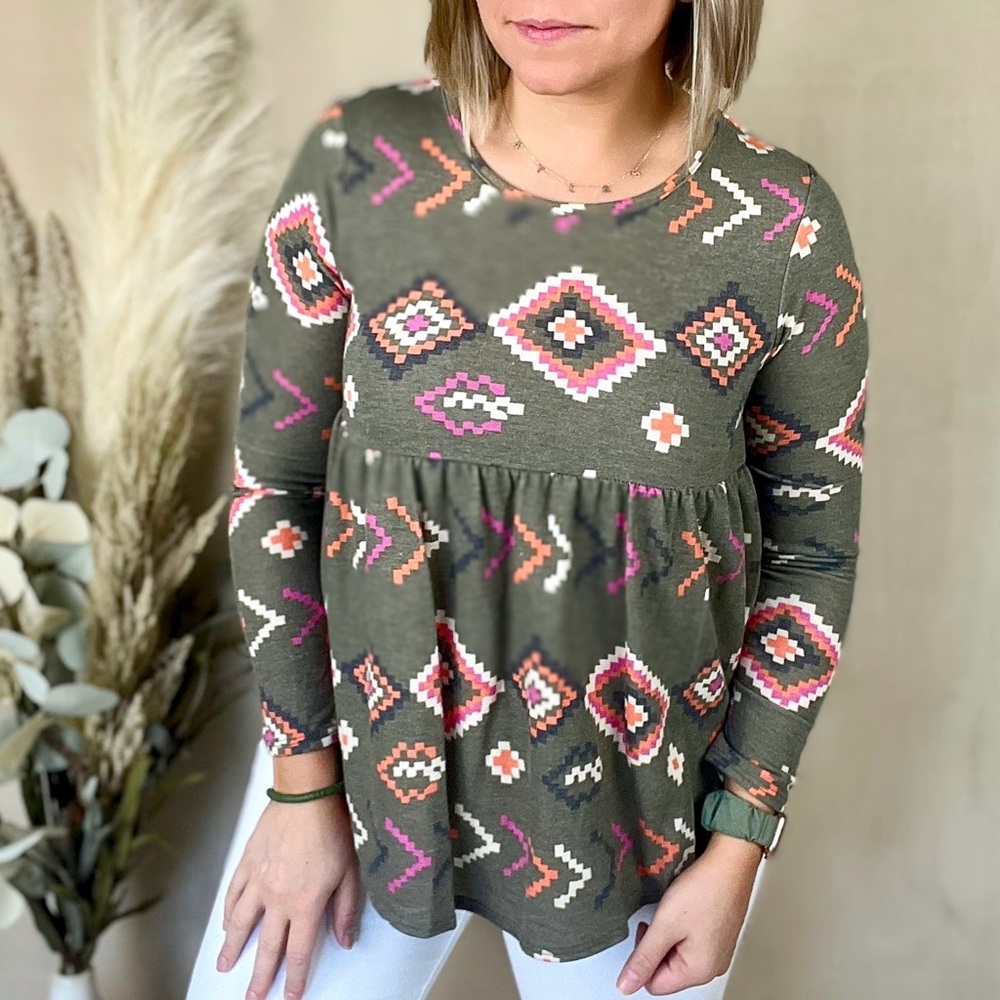 Geometric Long Sleeve Peplum Top